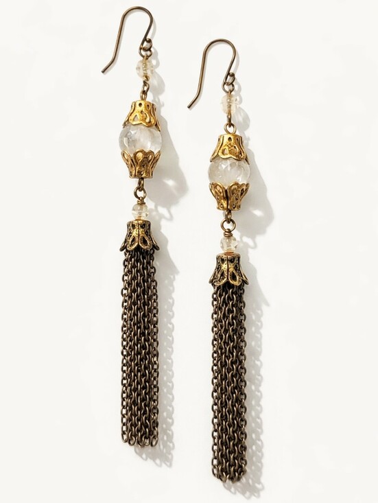 Vintage Jewelry - Vintage Gold Brass Chain Tassel Earrings • Marble Bead • Boho Statement Dangles